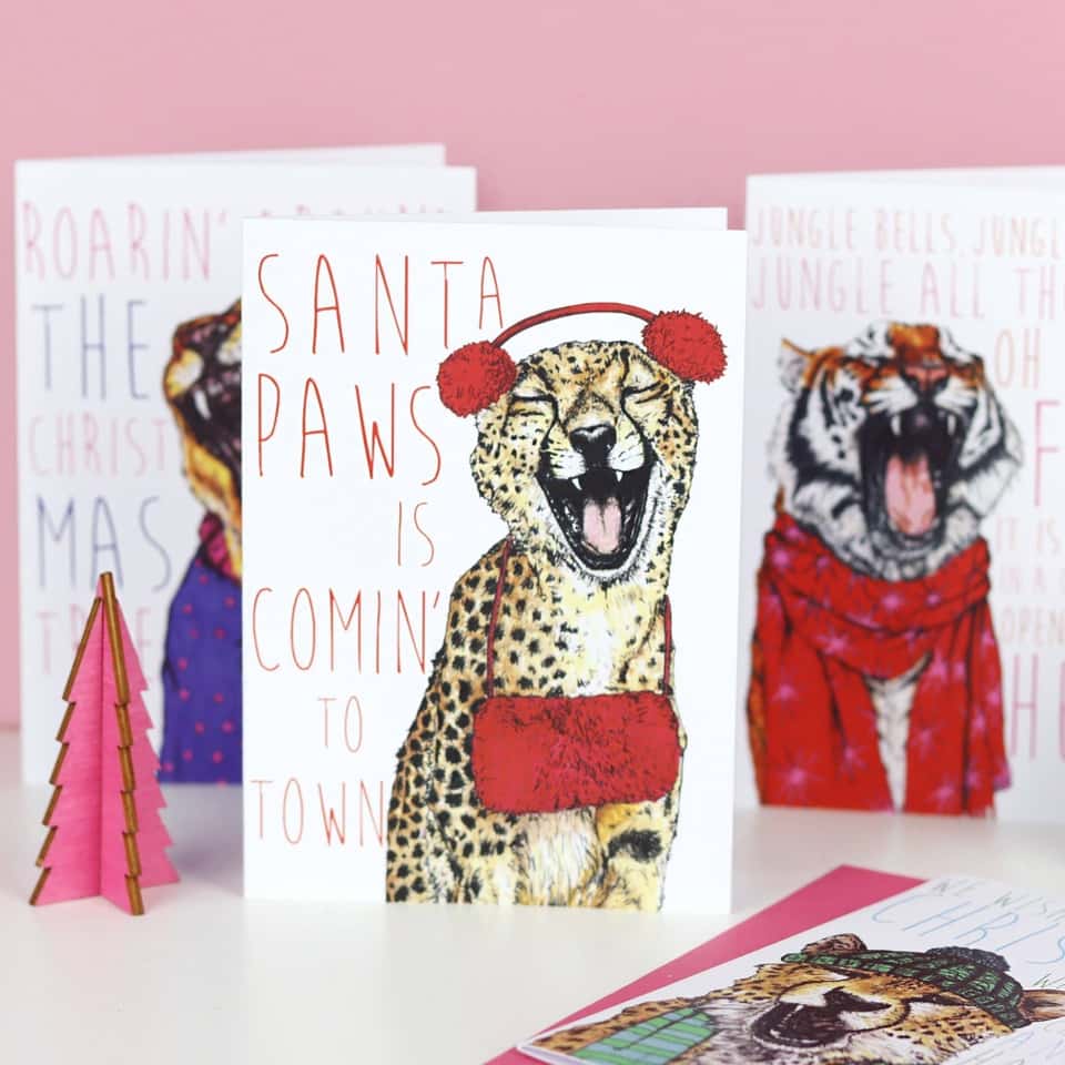 Caroling Cats Santa Paws Cheetah Christmas Card | Funny Card image
