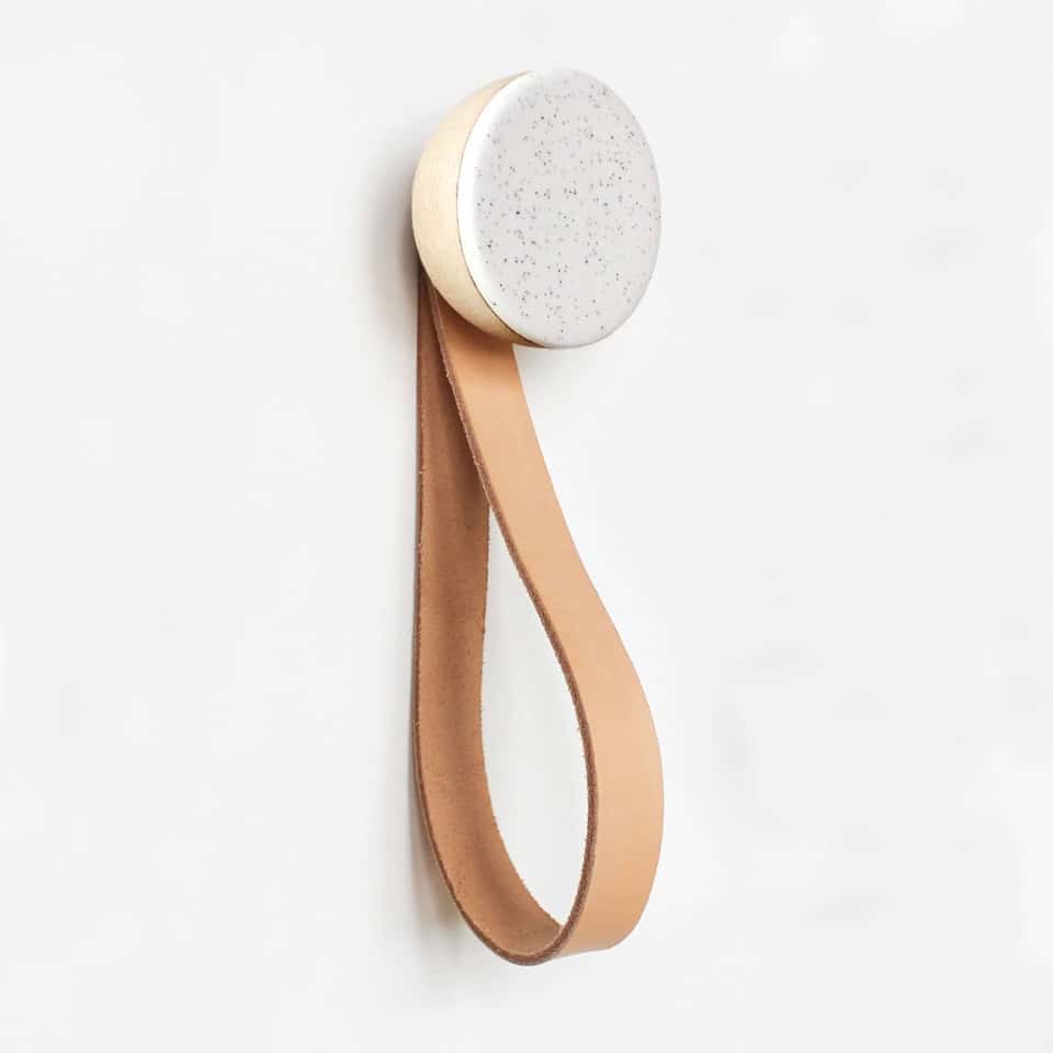 Wood & Ceramic Coat Hook / Hanger Leather Strap - White Sand image