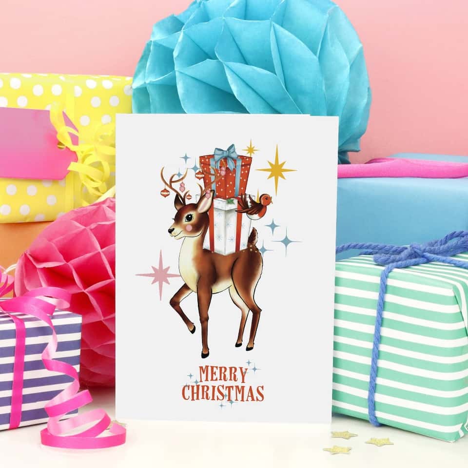 Retro Reindeer & Robin Christmas Card | Vintage Card | Retro image