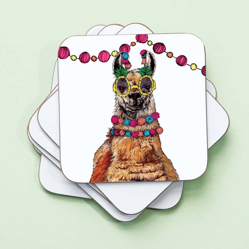 Party Llama Drinks Coaster | Cork Coaster | Animal Coaster image