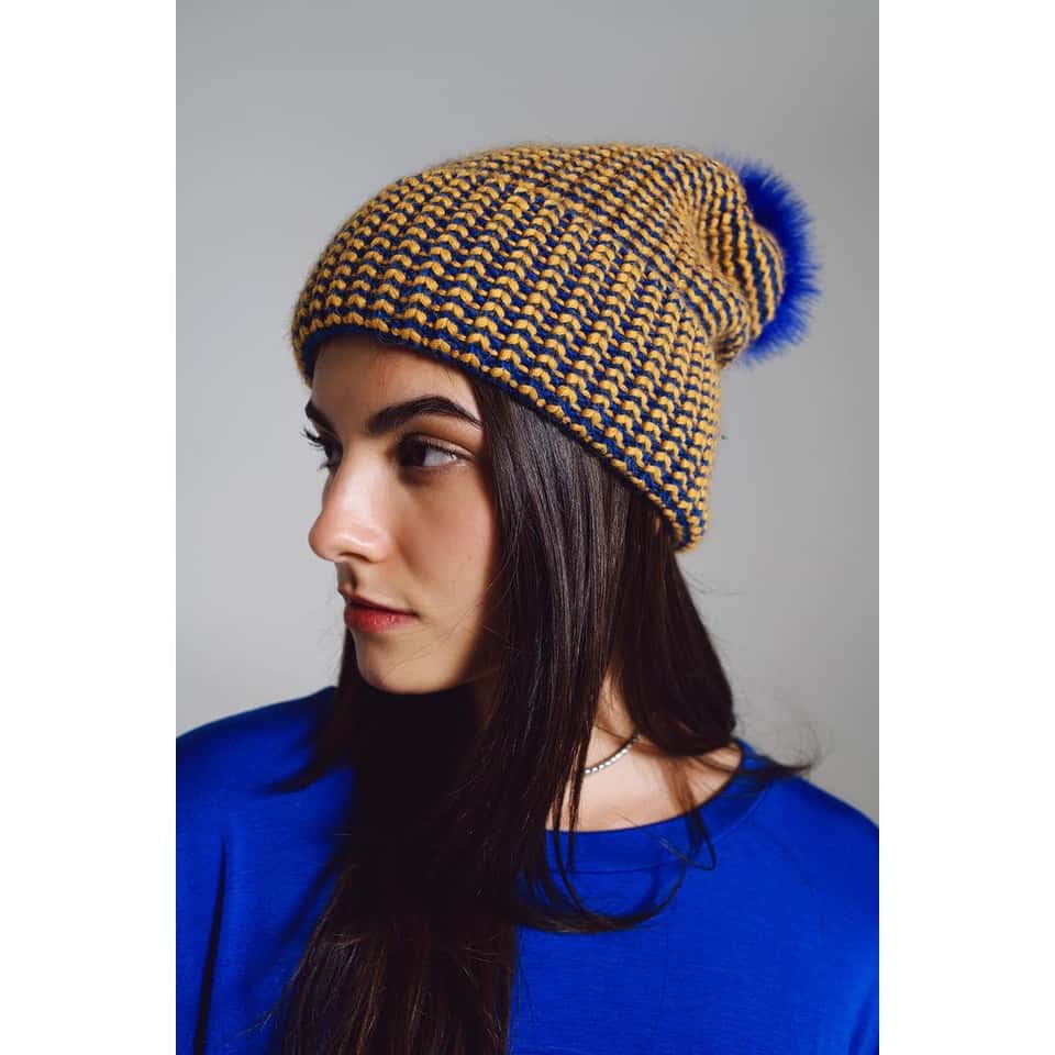 Knitted Beanie with Pom Pom in Blue and Yellow image