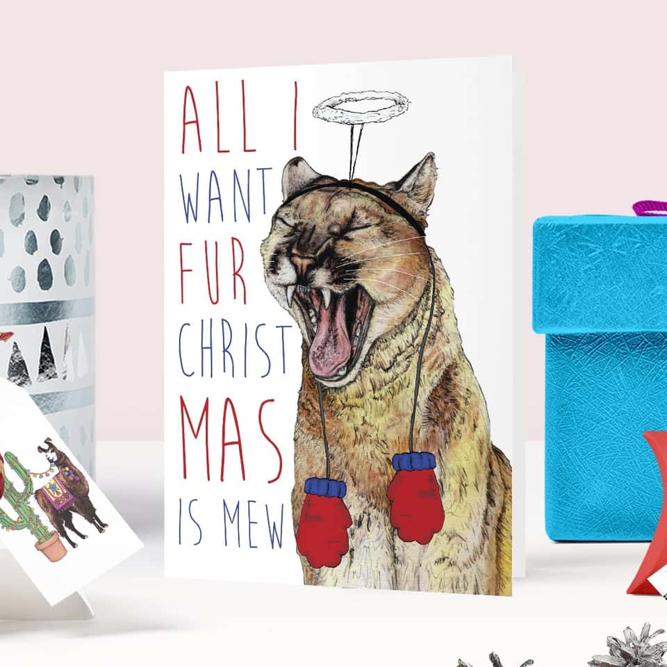 Caroling Cats Cougar Christmas Card | Funny Xmas Card image