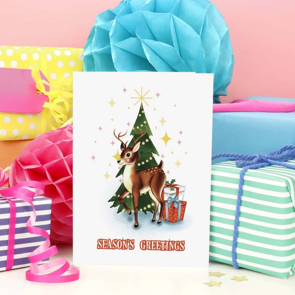 Season's Greetings Retro Reindeer Christmas Card | Kitsch image