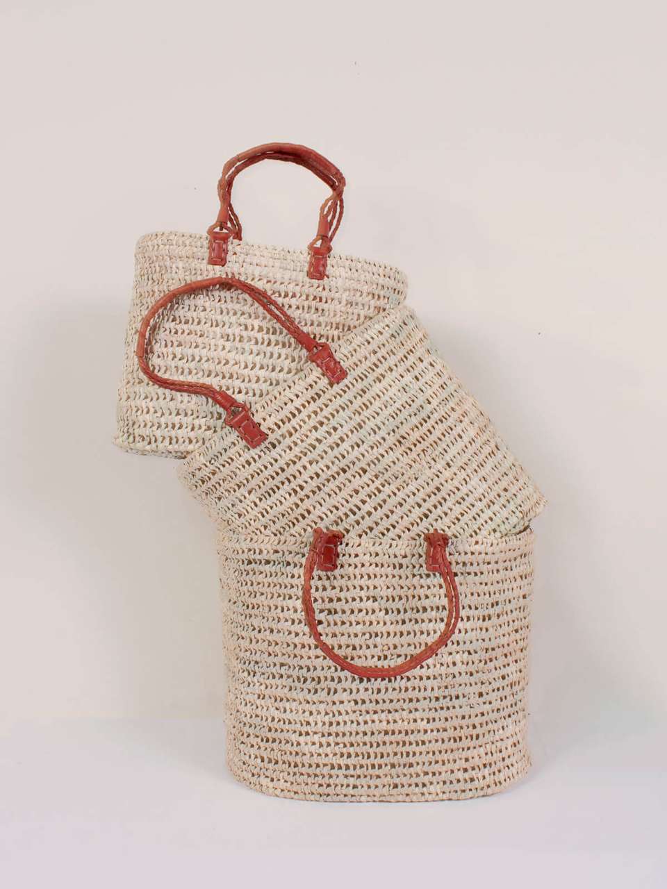 Pleated Leather Handle Basket Set of 3, Terracotta image