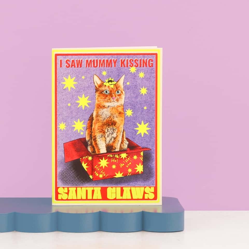Kissing Santa Claws Cat Christmas Card | Funny Cat Xmas Card image