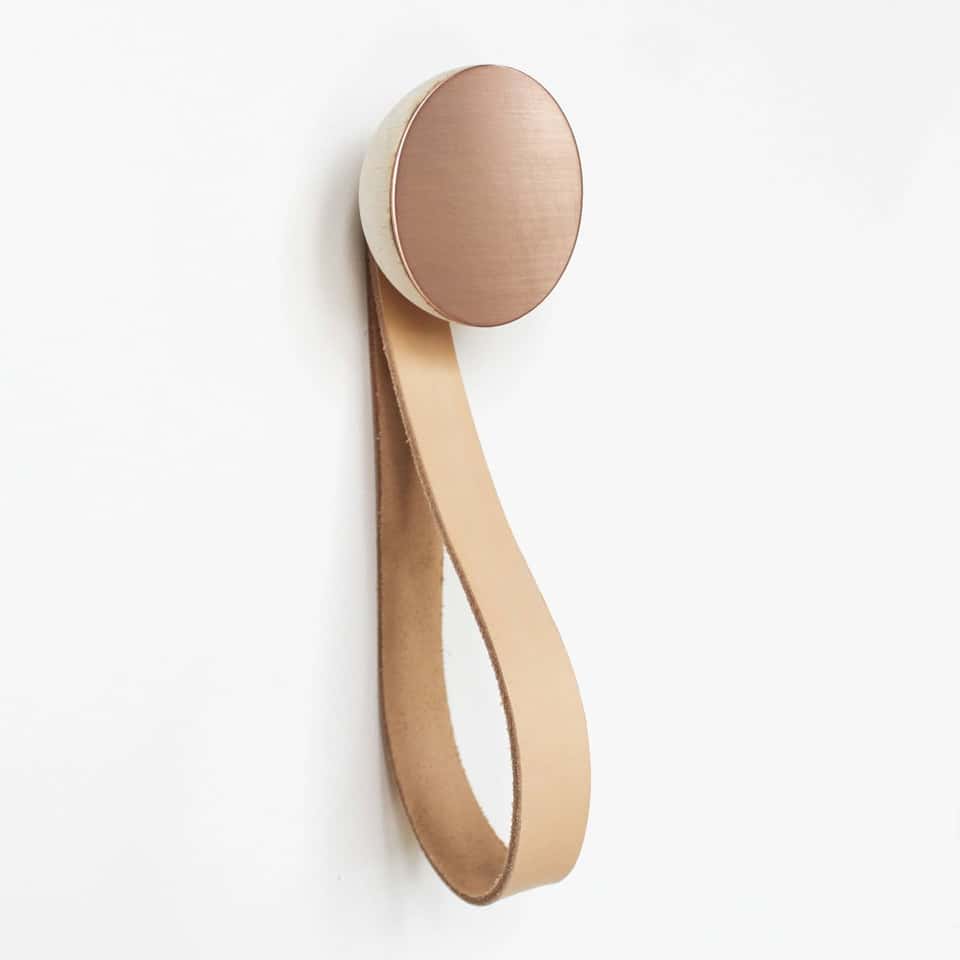 Beech Wood & Copper Coat Hook With Leather Strap 圖片