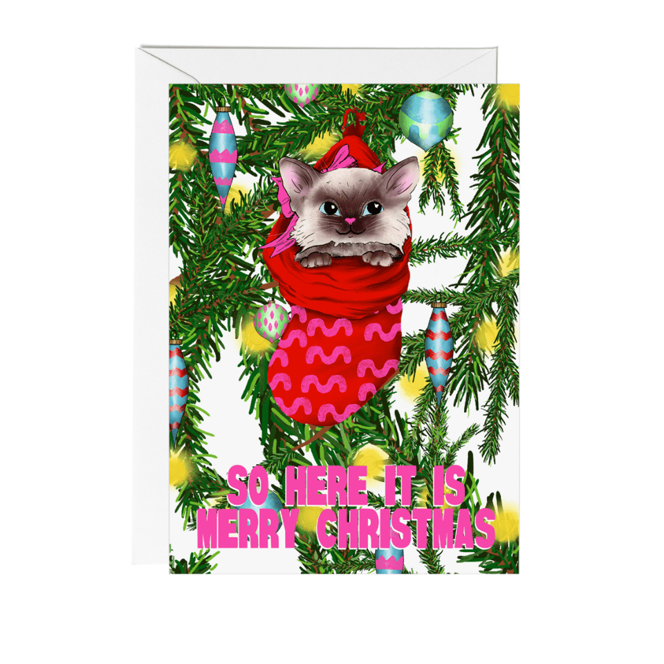 Retro Kitten & Stocking Christmas Card | Cute Xmas Card image