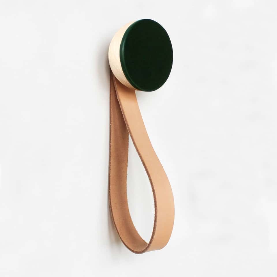 Wood & Ceramic Coat Hook / Hanger Leather Strap - Dark Green image
