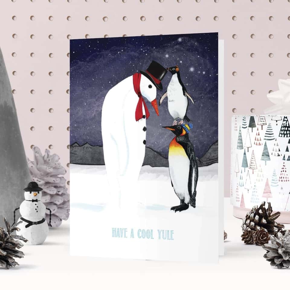 Penguins 'Have a Cool Yule' Christmas Card | Cute | Snowman image