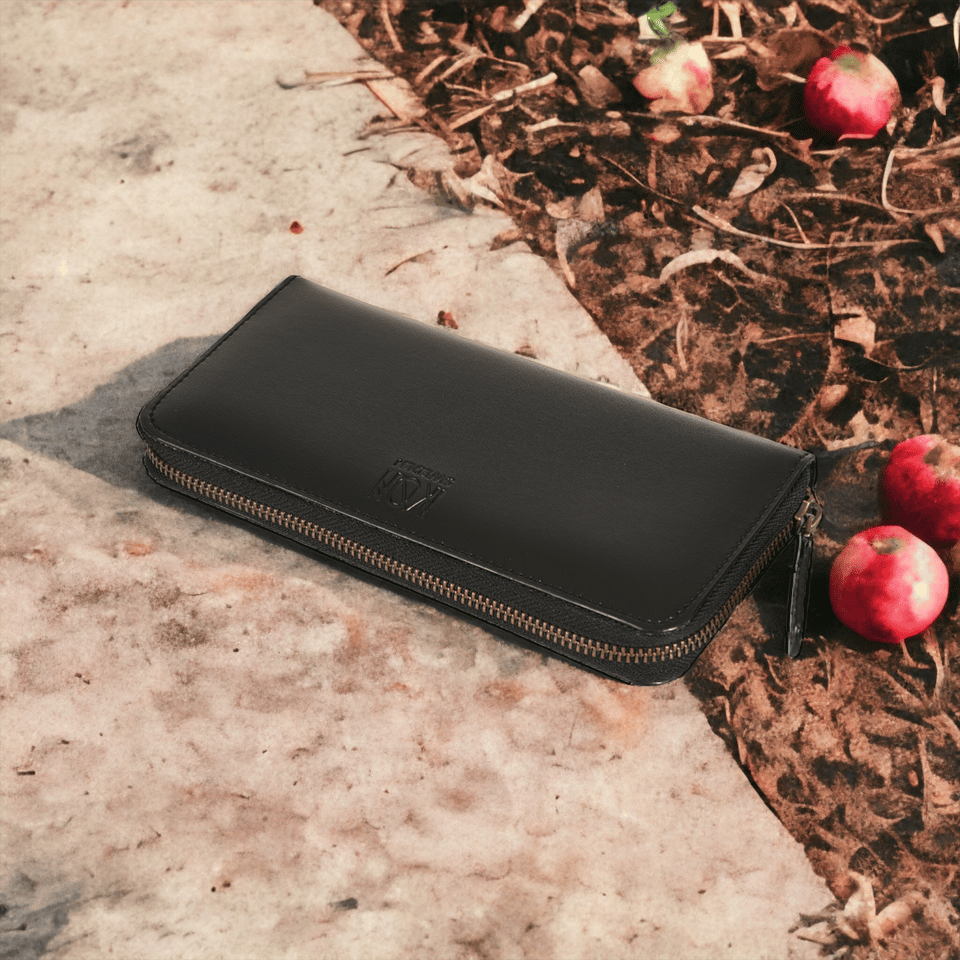 Apple Leather Long Zip Wallet For Women - Black image